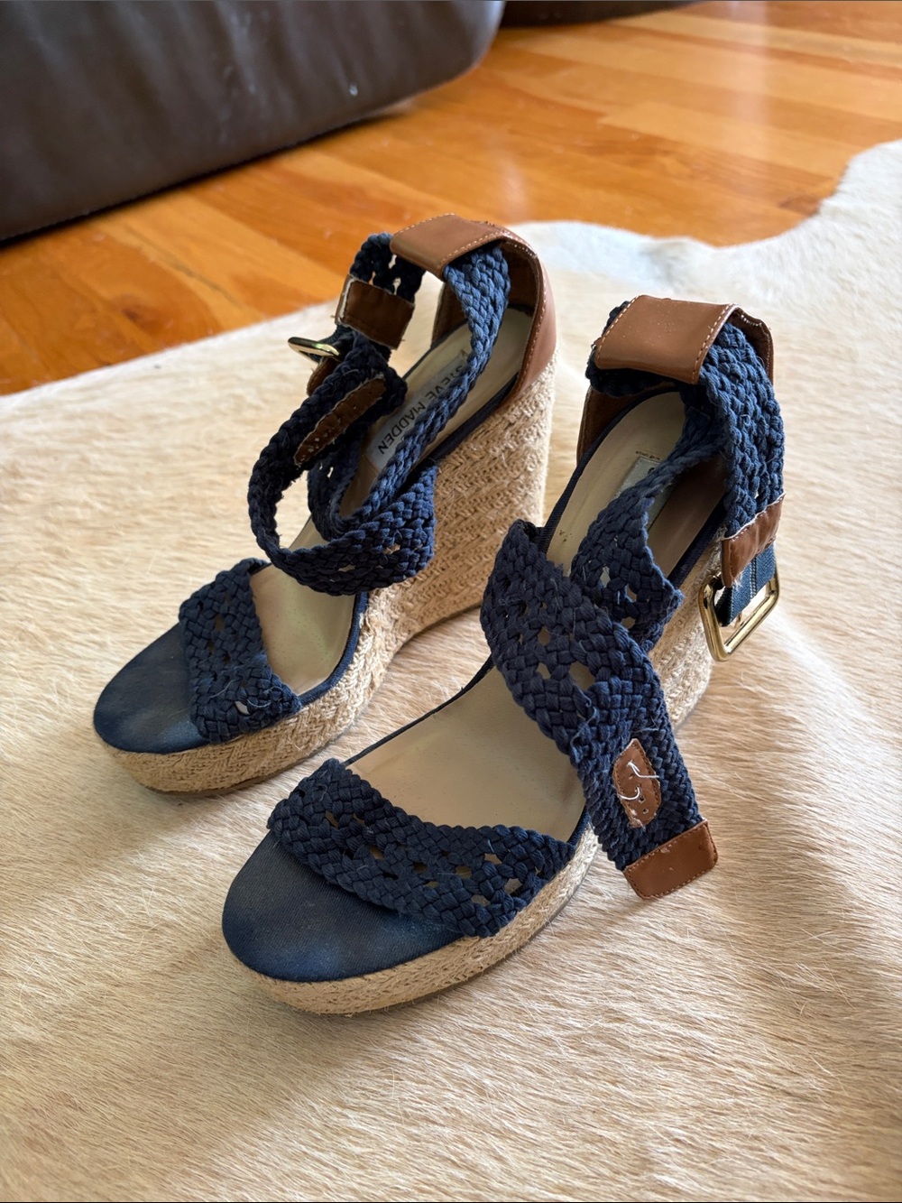 Steve Madden Navy Braided Espadrille Wedges with Tan Trim